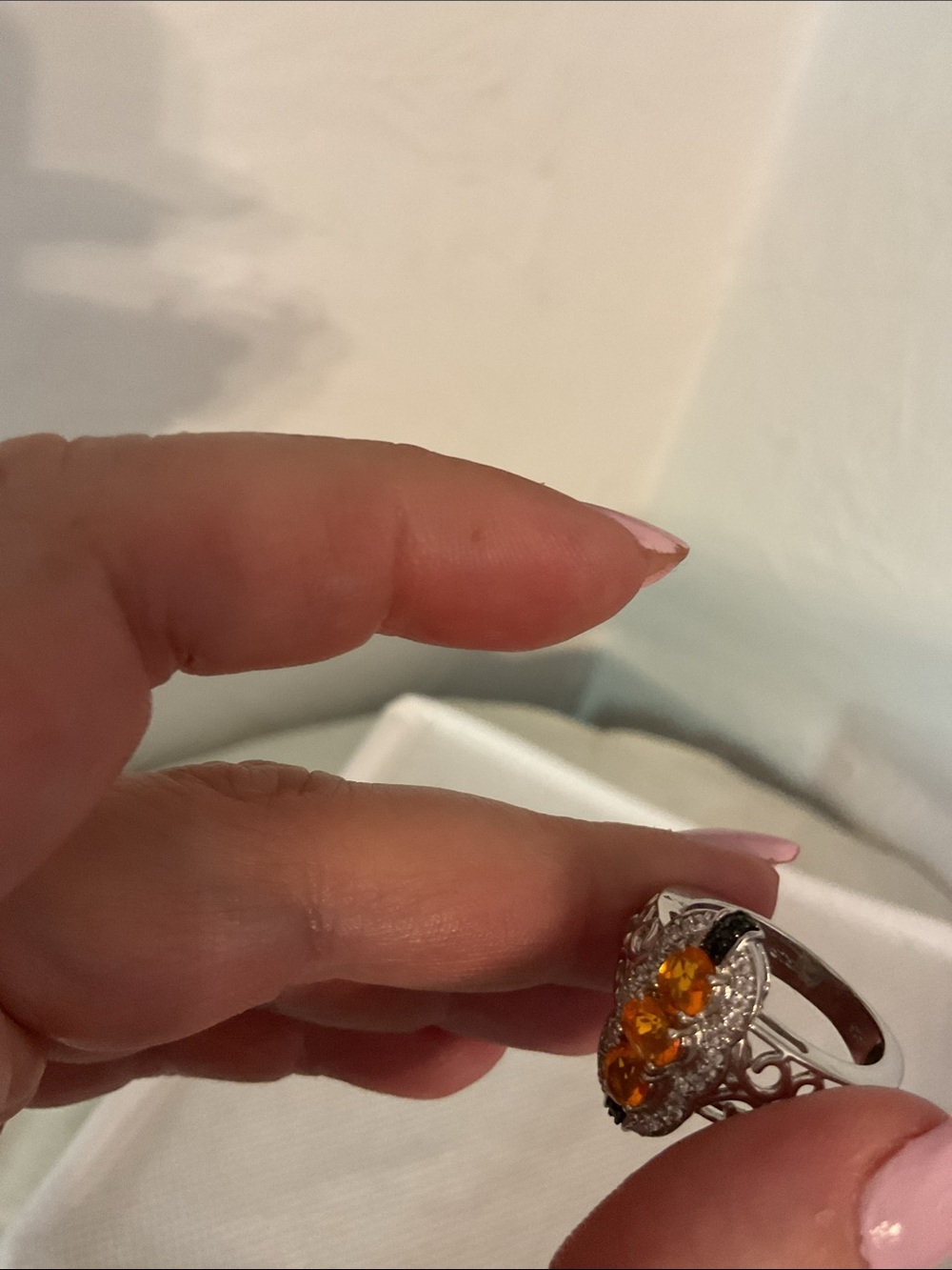 Art Deco Revival Filigree Navette Ring Size 7 Sterling Silver & Citrine - Picture 5 of 6